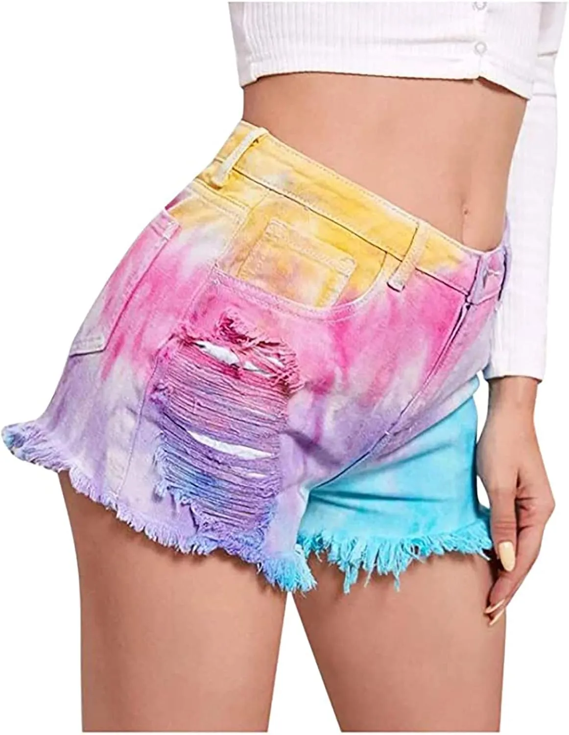 Women's Juniors Ripped Tie-dye Denim Jean Shorts High Waisted Raw Hem Hot Shorts Summer Stretchy Distressed Denim Shorts