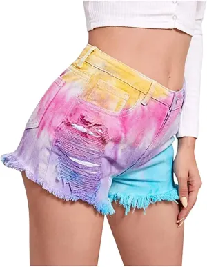 Women's Juniors Ripped Tie-dye Denim Jean Shorts High Waisted Raw Hem Hot Shorts Summer Stretchy Distressed Denim Shorts