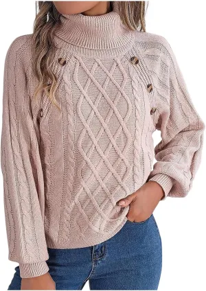 Women's Lantern Long Sleeve Sweaters Oversized Turtleneck Cozy Chunky Cable Knit Tunic Sweater Pullover Jumper Tops
