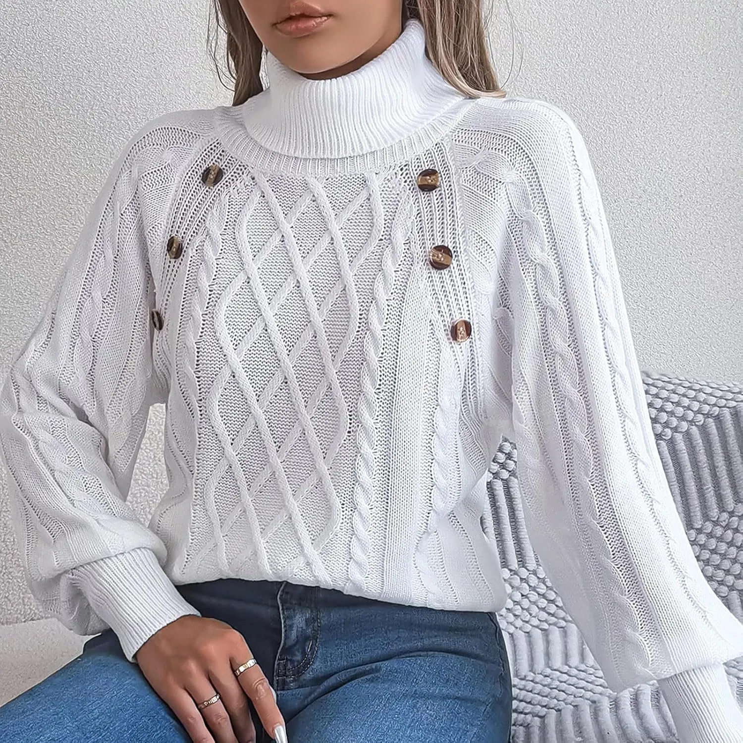 Women's Lantern Long Sleeve Sweaters Oversized Turtleneck Cozy Chunky Cable Knit Tunic Sweater Pullover Jumper Tops