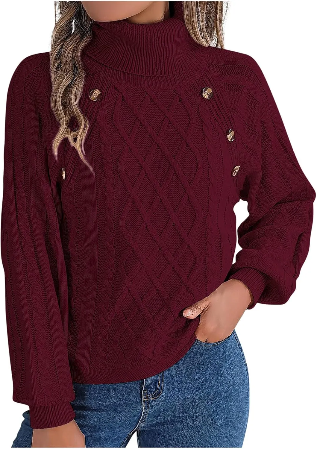 Women's Lantern Long Sleeve Sweaters Oversized Turtleneck Cozy Chunky Cable Knit Tunic Sweater Pullover Jumper Tops