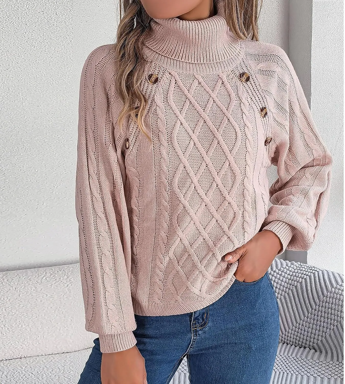 Women's Lantern Long Sleeve Sweaters Oversized Turtleneck Cozy Chunky Cable Knit Tunic Sweater Pullover Jumper Tops