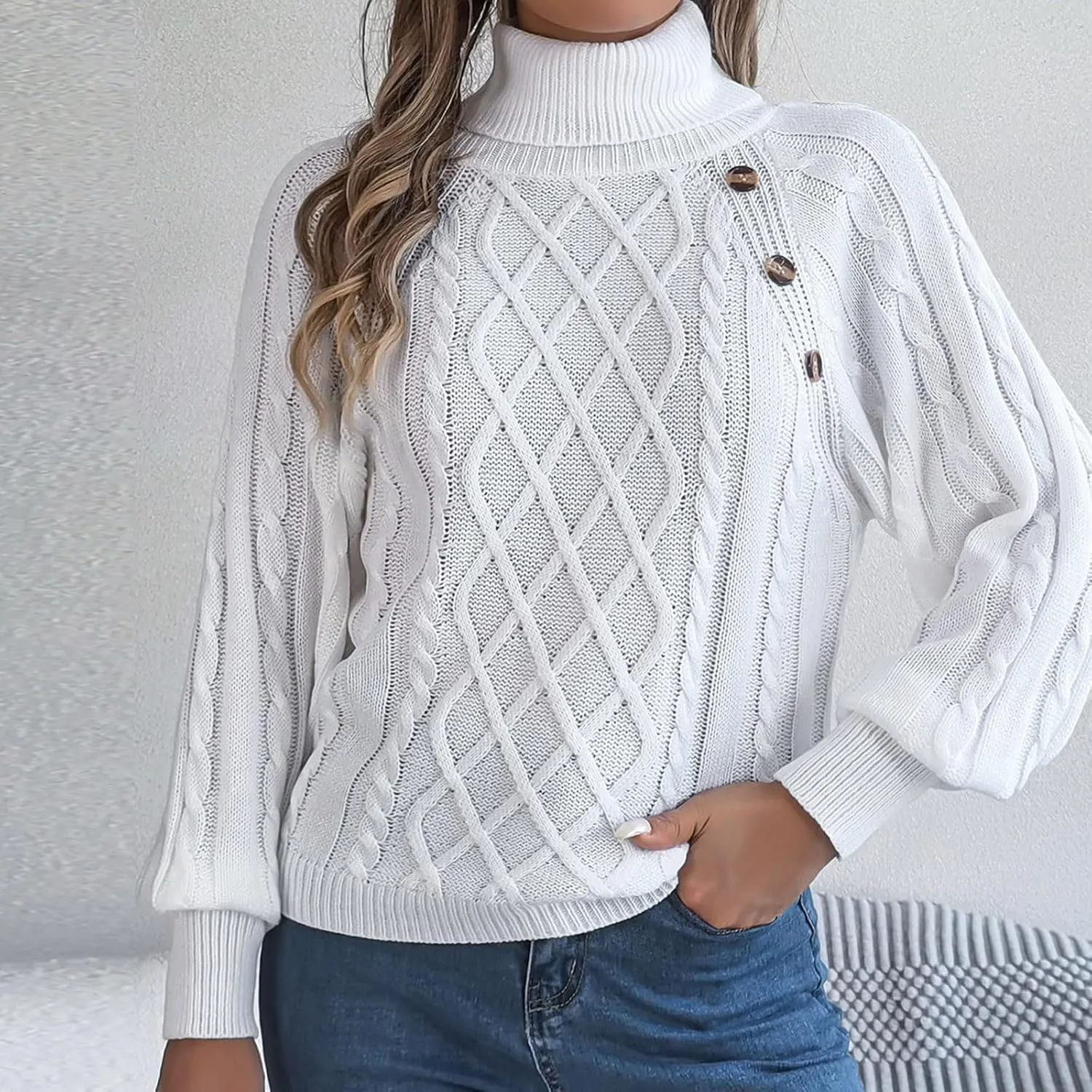 Women's Lantern Long Sleeve Sweaters Oversized Turtleneck Cozy Chunky Cable Knit Tunic Sweater Pullover Jumper Tops