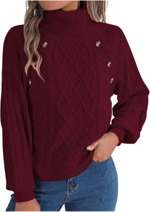 Women's Lantern Long Sleeve Sweaters Oversized Turtleneck Cozy Chunky Cable Knit Tunic Sweater Pullover Jumper Tops