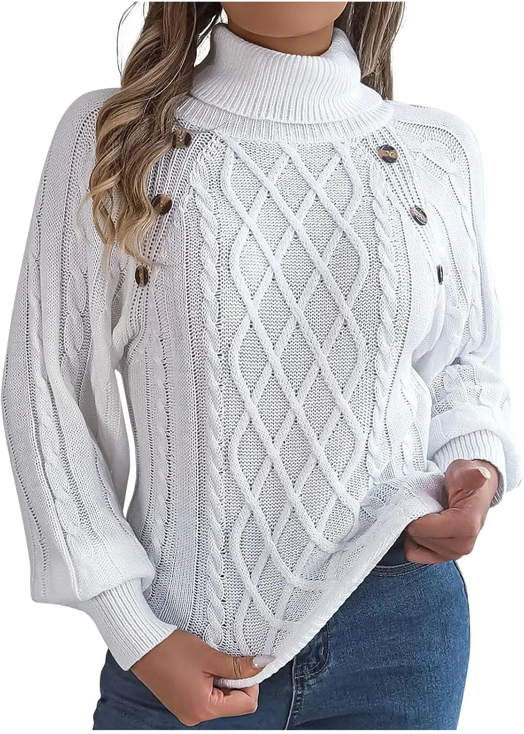 Women's Lantern Long Sleeve Sweaters Oversized Turtleneck Cozy Chunky Cable Knit Tunic Sweater Pullover Jumper Tops