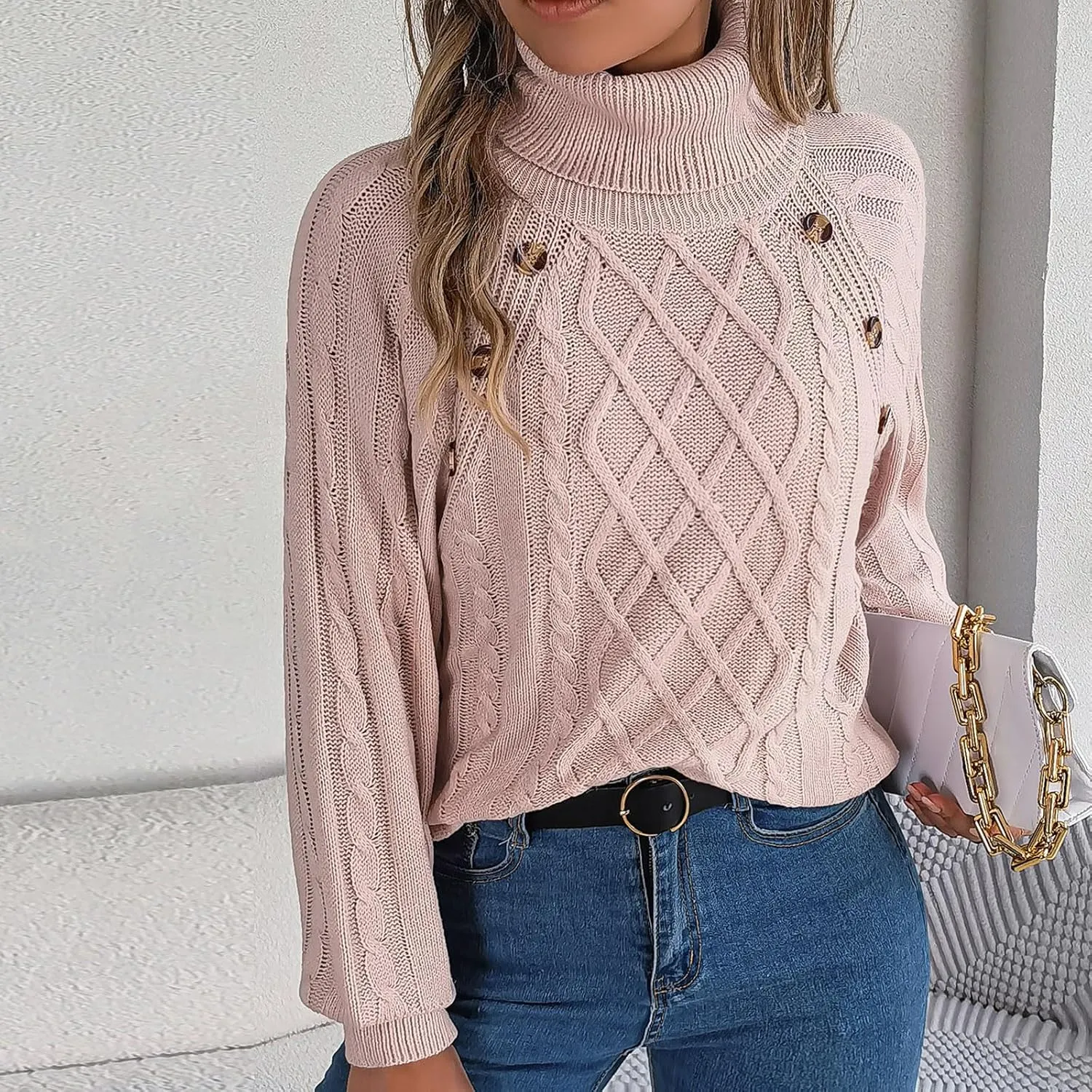 Women's Lantern Long Sleeve Sweaters Oversized Turtleneck Cozy Chunky Cable Knit Tunic Sweater Pullover Jumper Tops