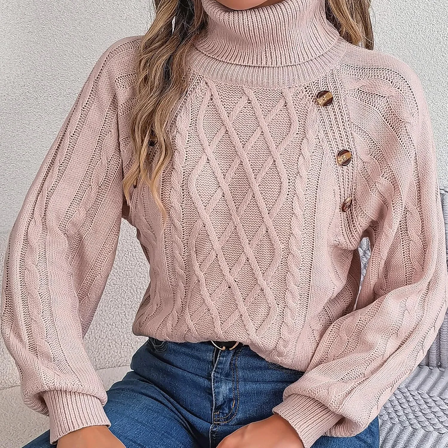 Women's Lantern Long Sleeve Sweaters Oversized Turtleneck Cozy Chunky Cable Knit Tunic Sweater Pullover Jumper Tops