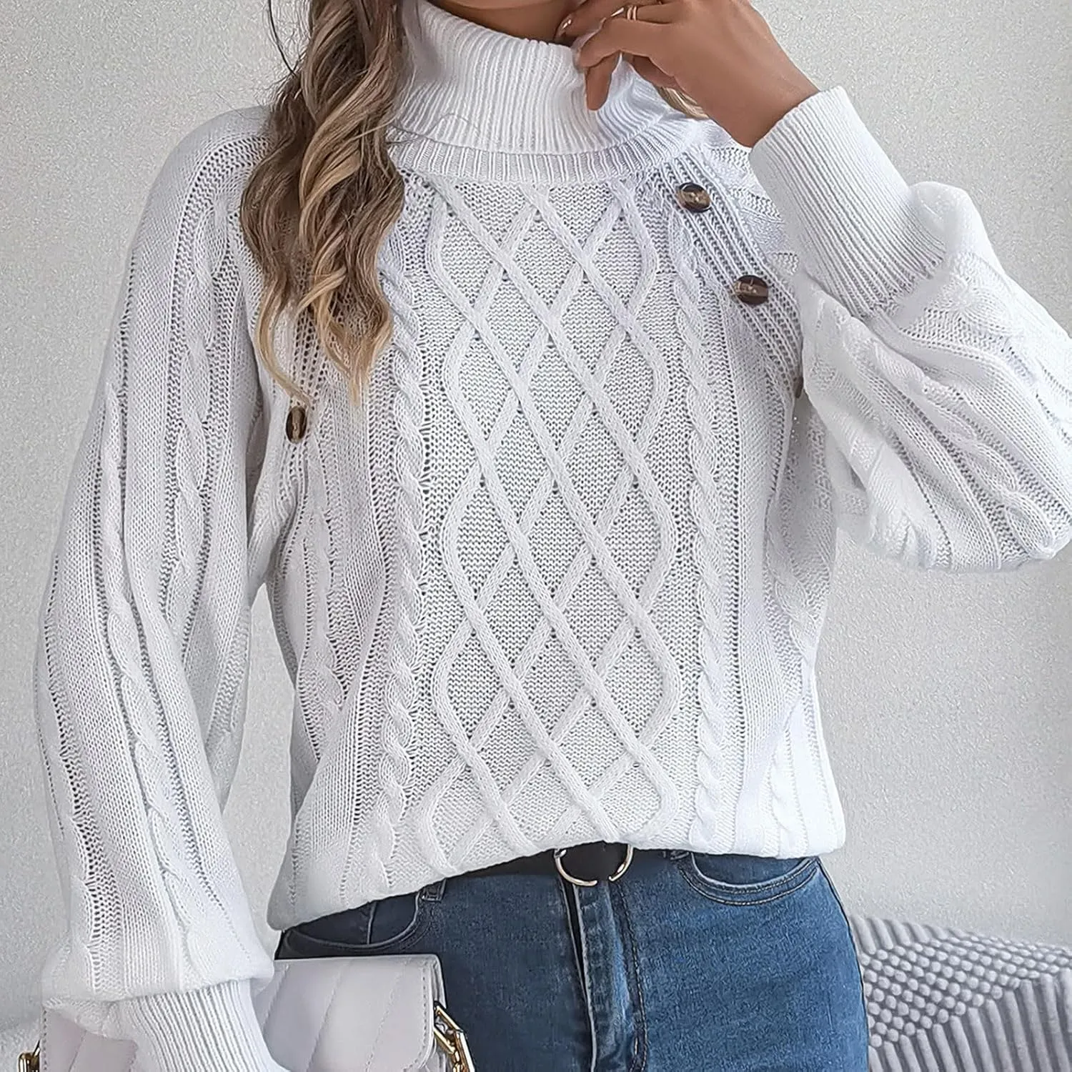 Women's Lantern Long Sleeve Sweaters Oversized Turtleneck Cozy Chunky Cable Knit Tunic Sweater Pullover Jumper Tops