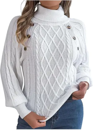 Women's Lantern Long Sleeve Sweaters Oversized Turtleneck Cozy Chunky Cable Knit Tunic Sweater Pullover Jumper Tops