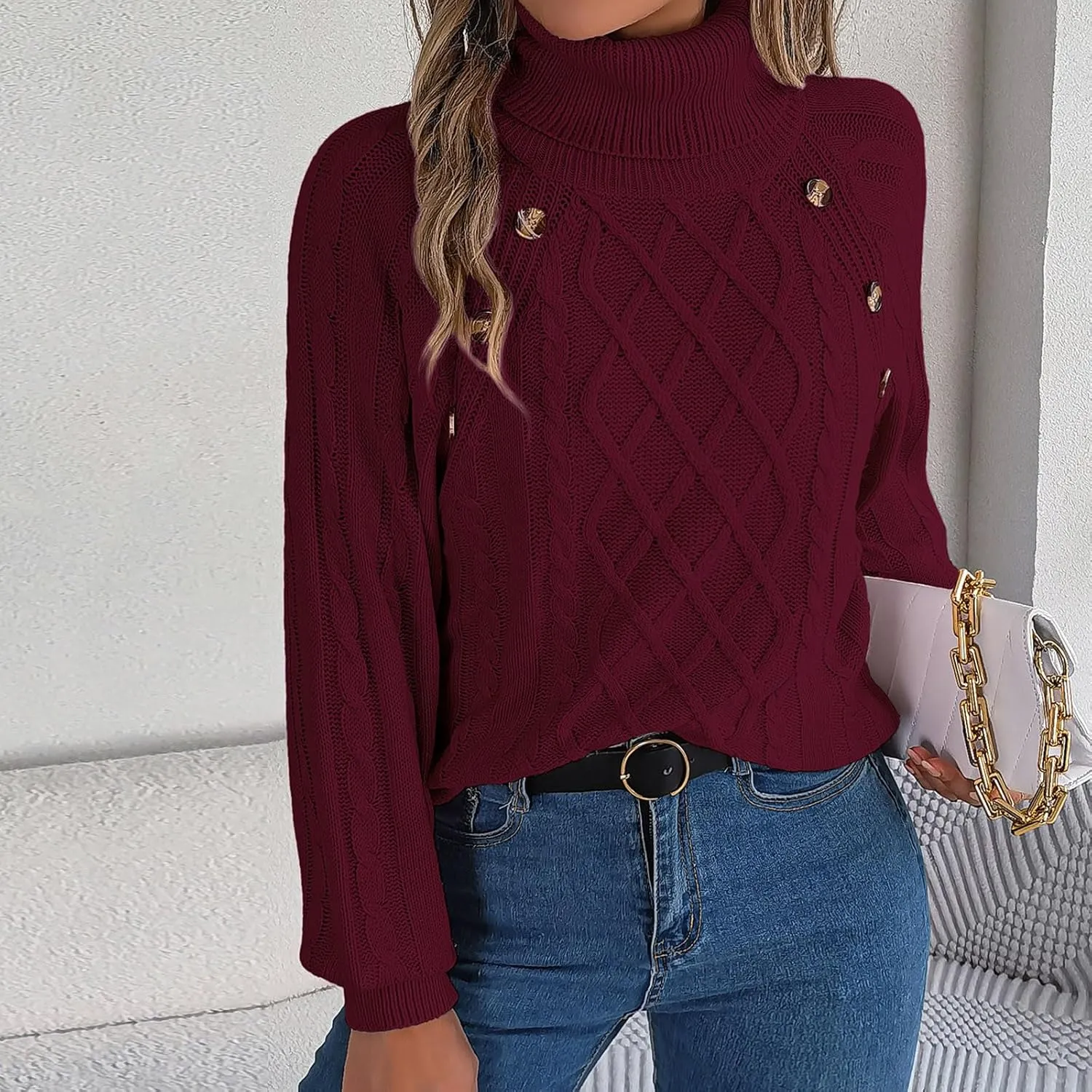 Women's Lantern Long Sleeve Sweaters Oversized Turtleneck Cozy Chunky Cable Knit Tunic Sweater Pullover Jumper Tops