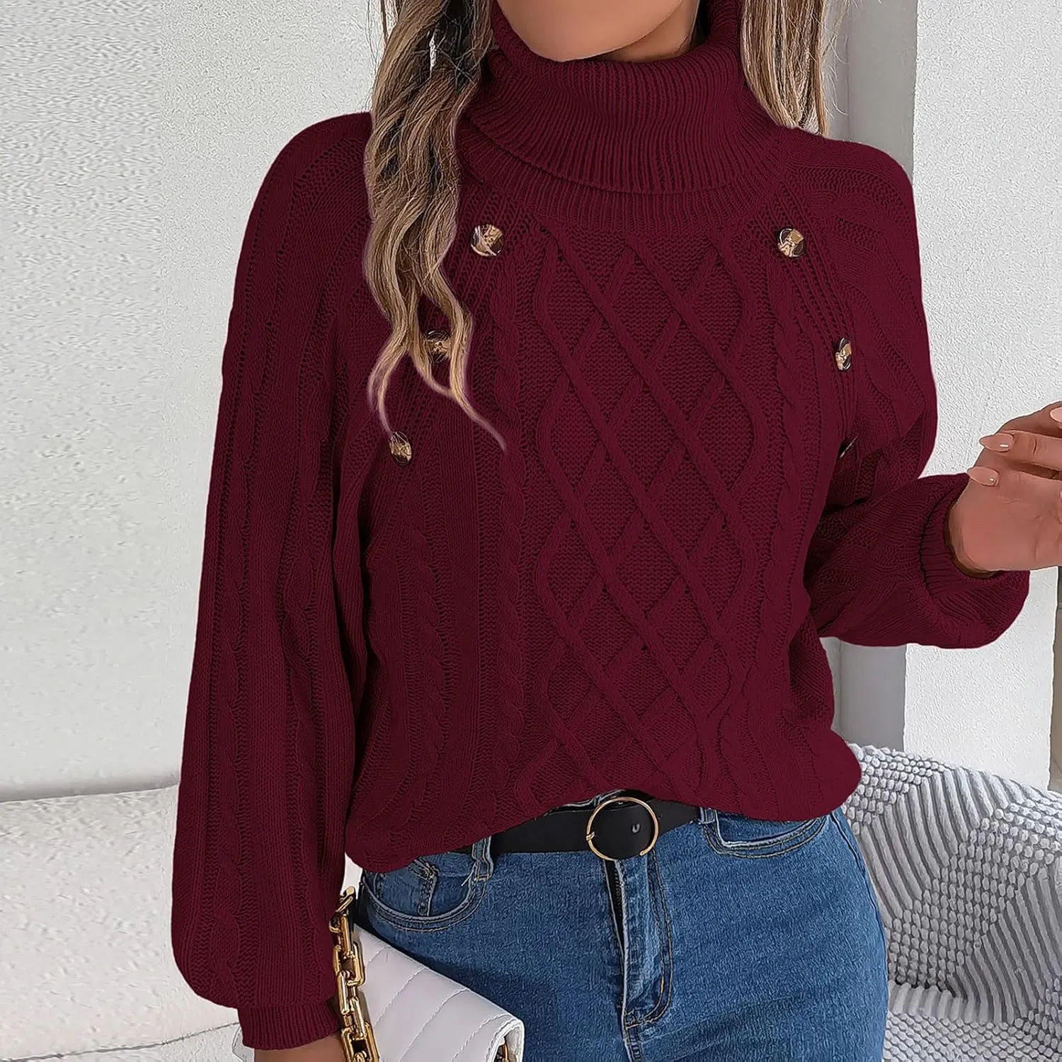 Women's Lantern Long Sleeve Sweaters Oversized Turtleneck Cozy Chunky Cable Knit Tunic Sweater Pullover Jumper Tops