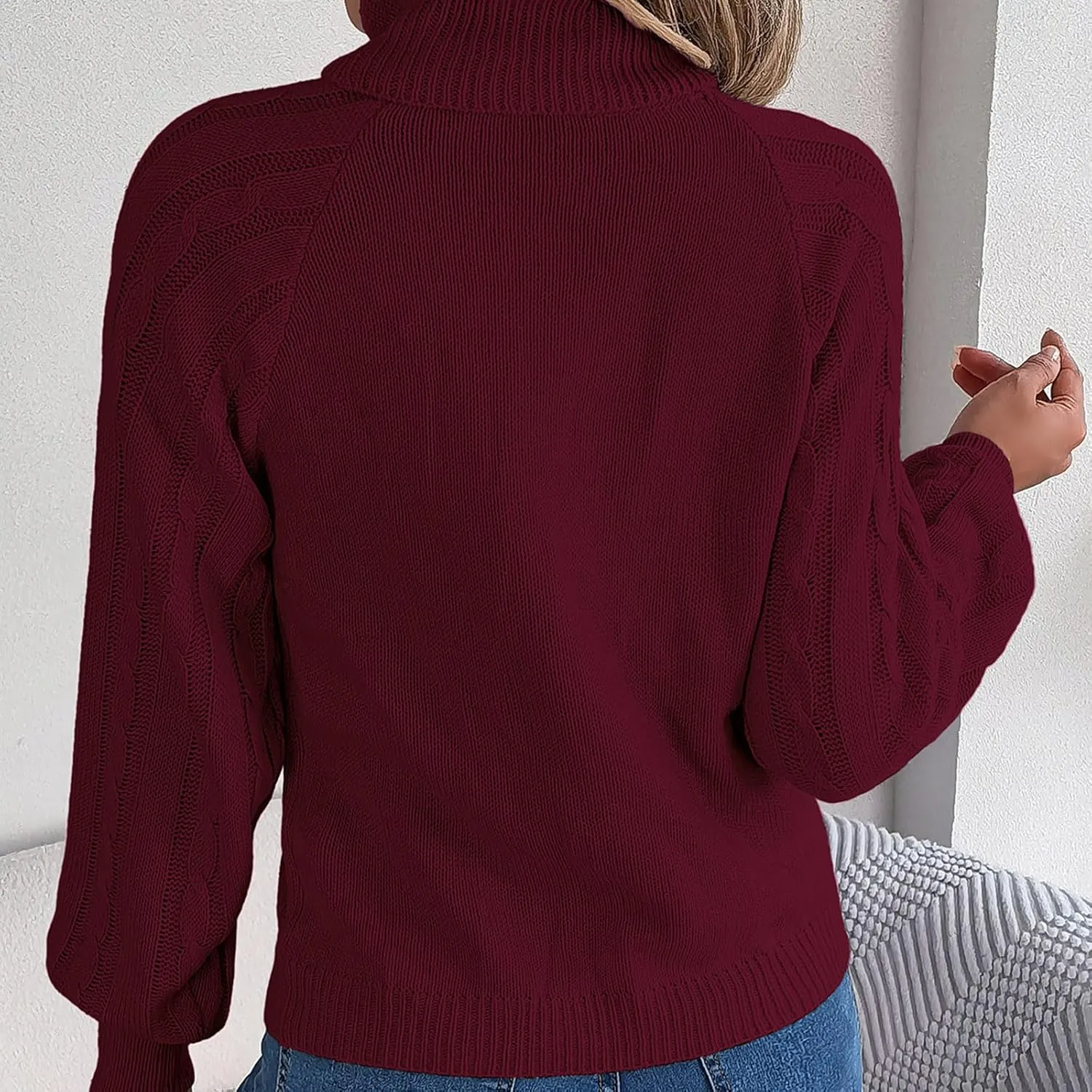 Women's Lantern Long Sleeve Sweaters Oversized Turtleneck Cozy Chunky Cable Knit Tunic Sweater Pullover Jumper Tops