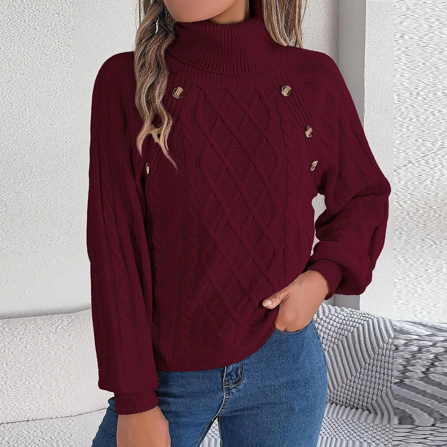 Women's Lantern Long Sleeve Sweaters Oversized Turtleneck Cozy Chunky Cable Knit Tunic Sweater Pullover Jumper Tops