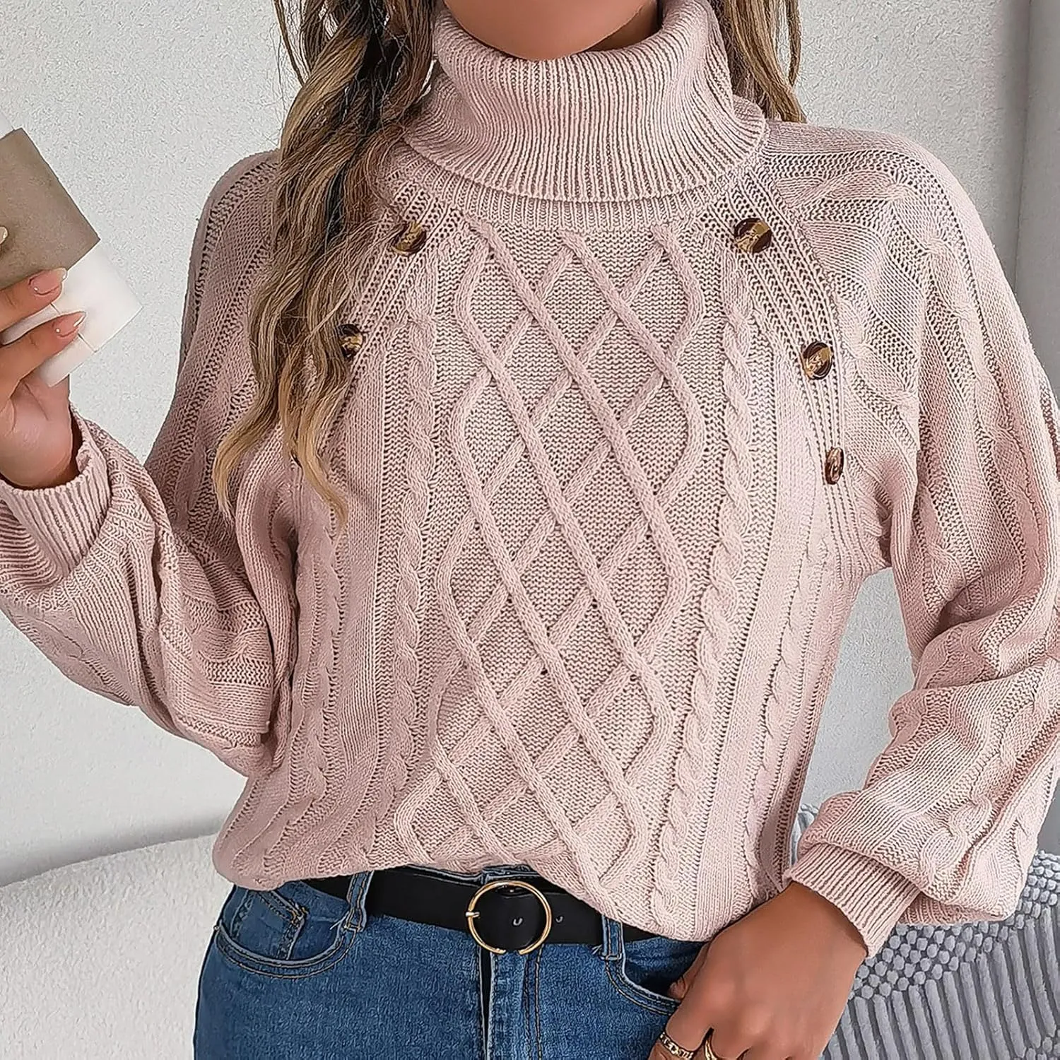 Women's Lantern Long Sleeve Sweaters Oversized Turtleneck Cozy Chunky Cable Knit Tunic Sweater Pullover Jumper Tops
