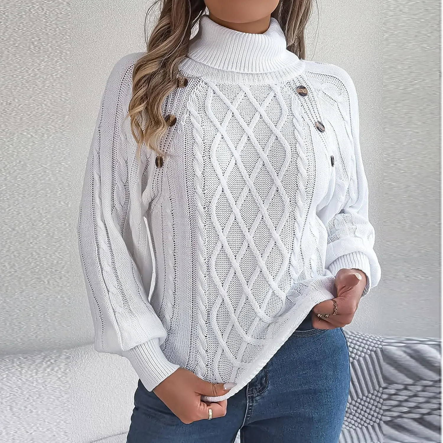 Women's Lantern Long Sleeve Sweaters Oversized Turtleneck Cozy Chunky Cable Knit Tunic Sweater Pullover Jumper Tops