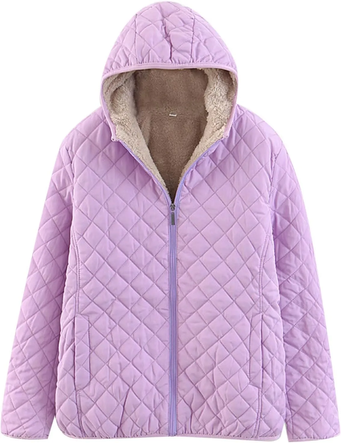 Women's Lightweight Quilted Jacket Casual Fleece Lined with Pockets Zip Up Puffer Jacket Warm Winter Coats with Hood