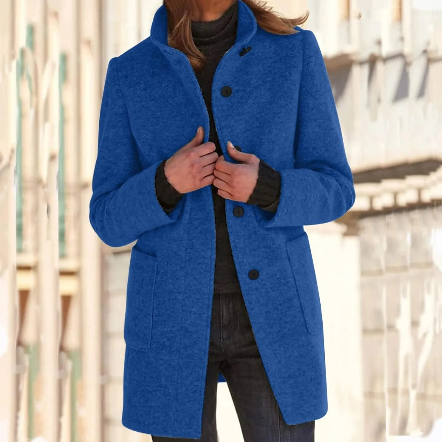 Women's Long Pea Coats Casual Stand Collar Wool Blend Coats Winter Soild Color Thicken Trench Coat Overcoat