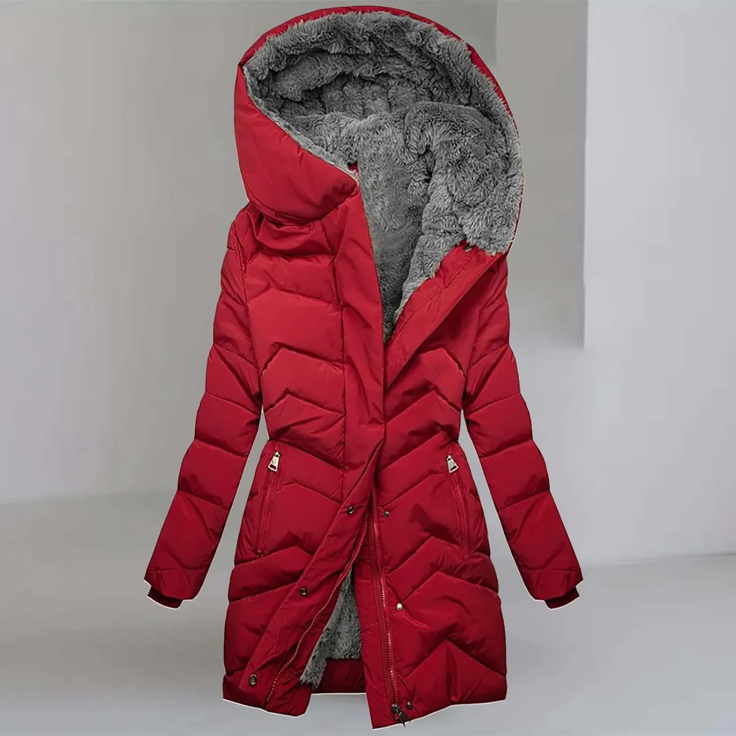 Womens Long Puffer Coat Jackets Fleece Lined Coats Ladies Padded Thermal Overcoat with Faux Hooded Hooded Parka