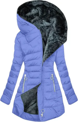 Womens Long Puffer Coat Jackets Fleece Lined Coats Ladies Padded Thermal Overcoat with Faux Hooded Hooded Parka
