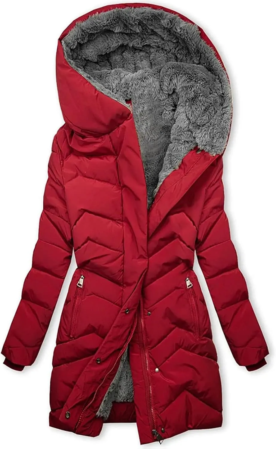 Womens Long Puffer Coat Jackets Fleece Lined Coats Ladies Padded Thermal Overcoat with Faux Hooded Hooded Parka
