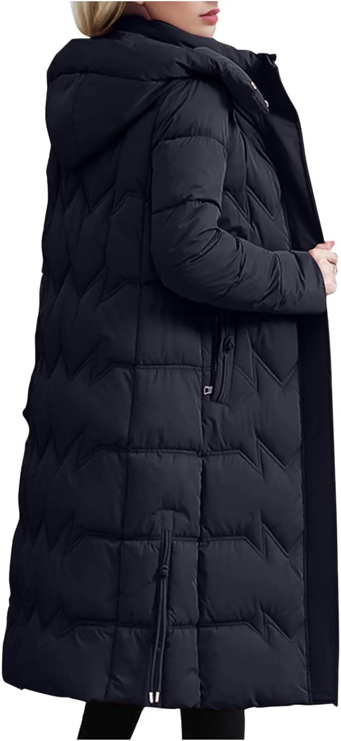 Women's Long Quilted Coat Plus Size Puffer Jackets Casual Hooded Winter Coats Thickened Warm Outerwear with Pockets