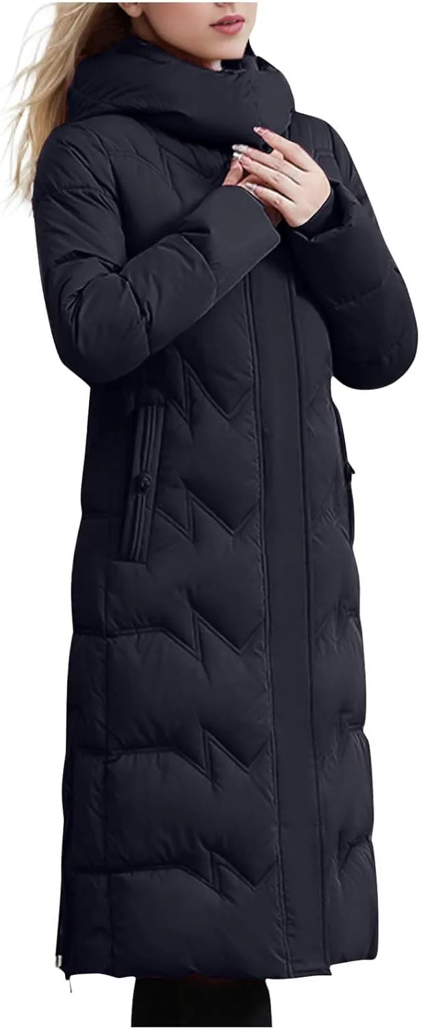 Women's Long Quilted Coat Plus Size Puffer Jackets Casual Hooded Winter Coats Thickened Warm Outerwear with Pockets