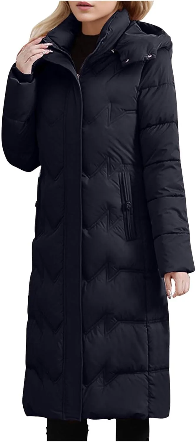 Women's Long Quilted Coat Plus Size Puffer Jackets Casual Hooded Winter Coats Thickened Warm Outerwear with Pockets