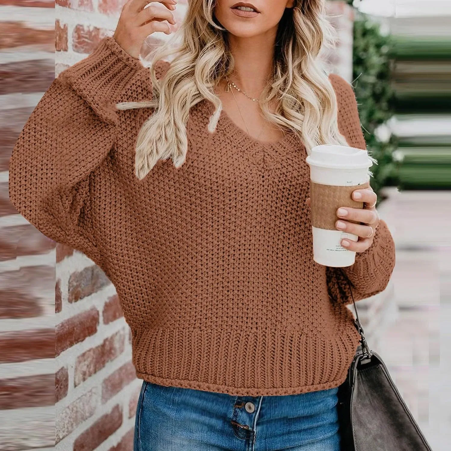 Women's Long Sleeve V Neck Sweaters Chunky Cable Knit Pullover Fashion Crochet Hollow Out Knitwear Solid Cozy Tops