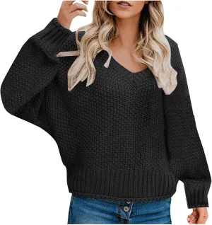 Women's Long Sleeve V Neck Sweaters Chunky Cable Knit Pullover Fashion Crochet Hollow Out Knitwear Solid Cozy Tops