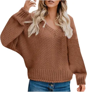 Women's Long Sleeve V Neck Sweaters Chunky Cable Knit Pullover Fashion Crochet Hollow Out Knitwear Solid Cozy Tops