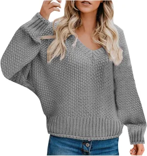 Women's Long Sleeve V Neck Sweaters Chunky Cable Knit Pullover Fashion Crochet Hollow Out Knitwear Solid Cozy Tops