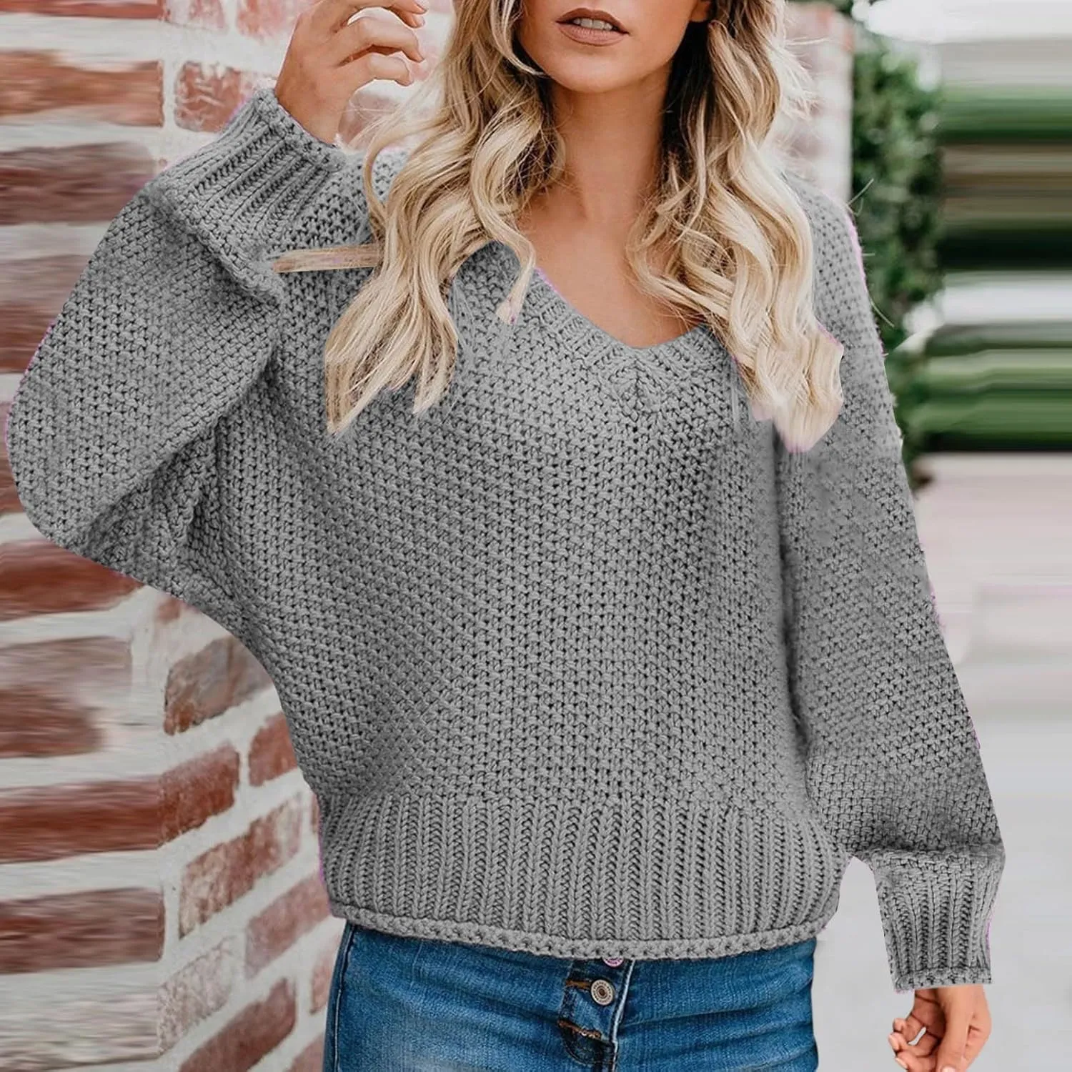 Women's Long Sleeve V Neck Sweaters Chunky Cable Knit Pullover Fashion Crochet Hollow Out Knitwear Solid Cozy Tops