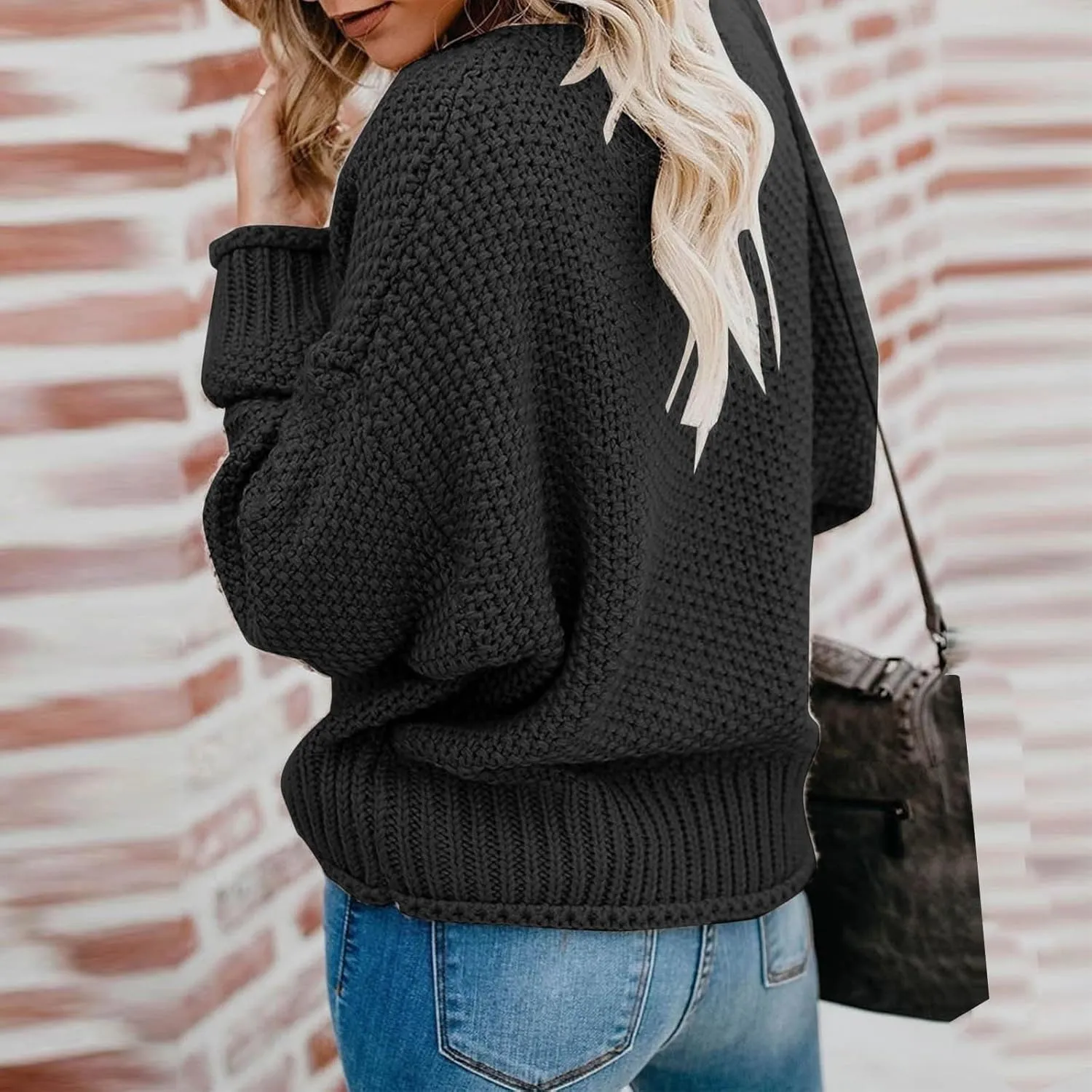 Women's Long Sleeve V Neck Sweaters Chunky Cable Knit Pullover Fashion Crochet Hollow Out Knitwear Solid Cozy Tops