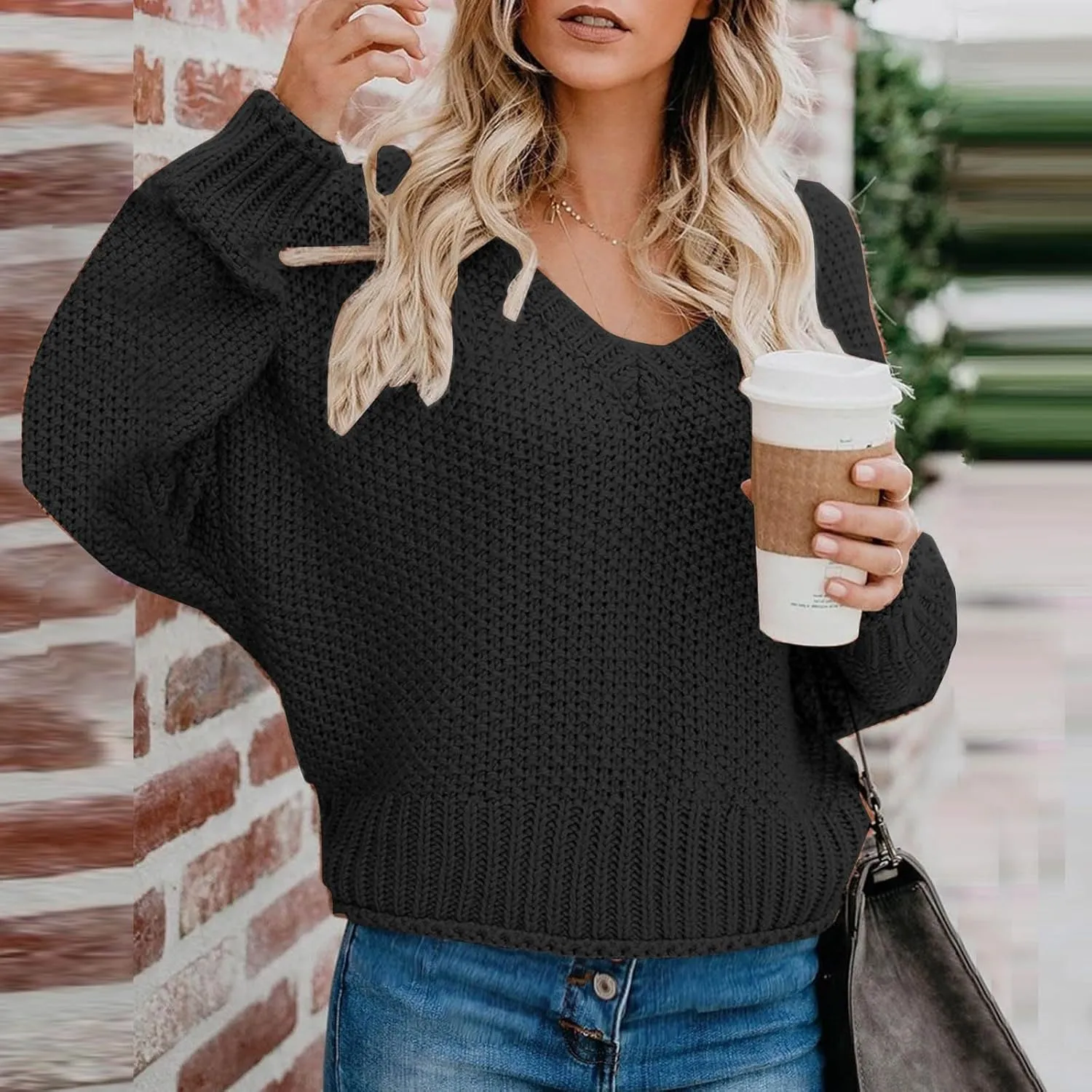 Women's Long Sleeve V Neck Sweaters Chunky Cable Knit Pullover Fashion Crochet Hollow Out Knitwear Solid Cozy Tops