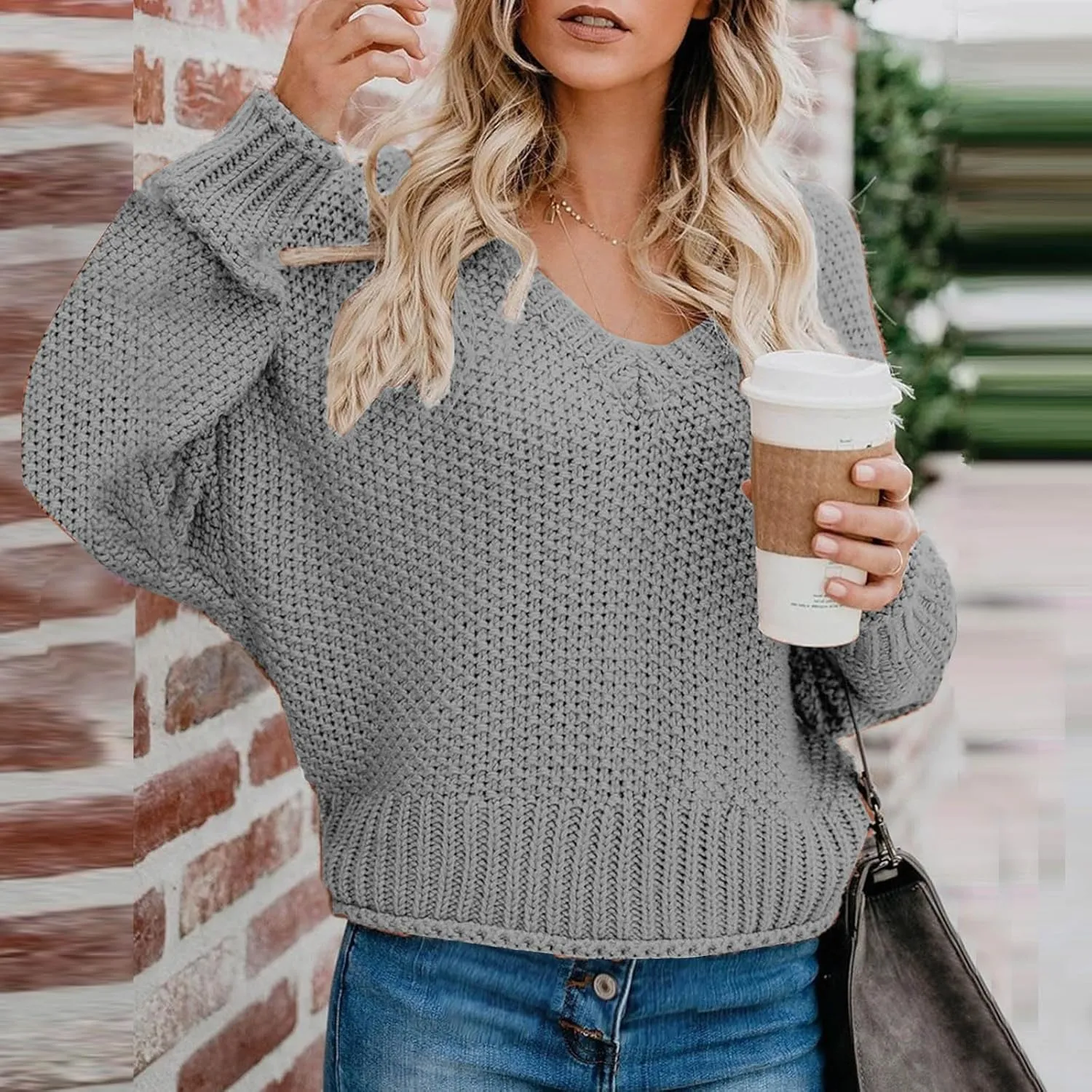 Women's Long Sleeve V Neck Sweaters Chunky Cable Knit Pullover Fashion Crochet Hollow Out Knitwear Solid Cozy Tops