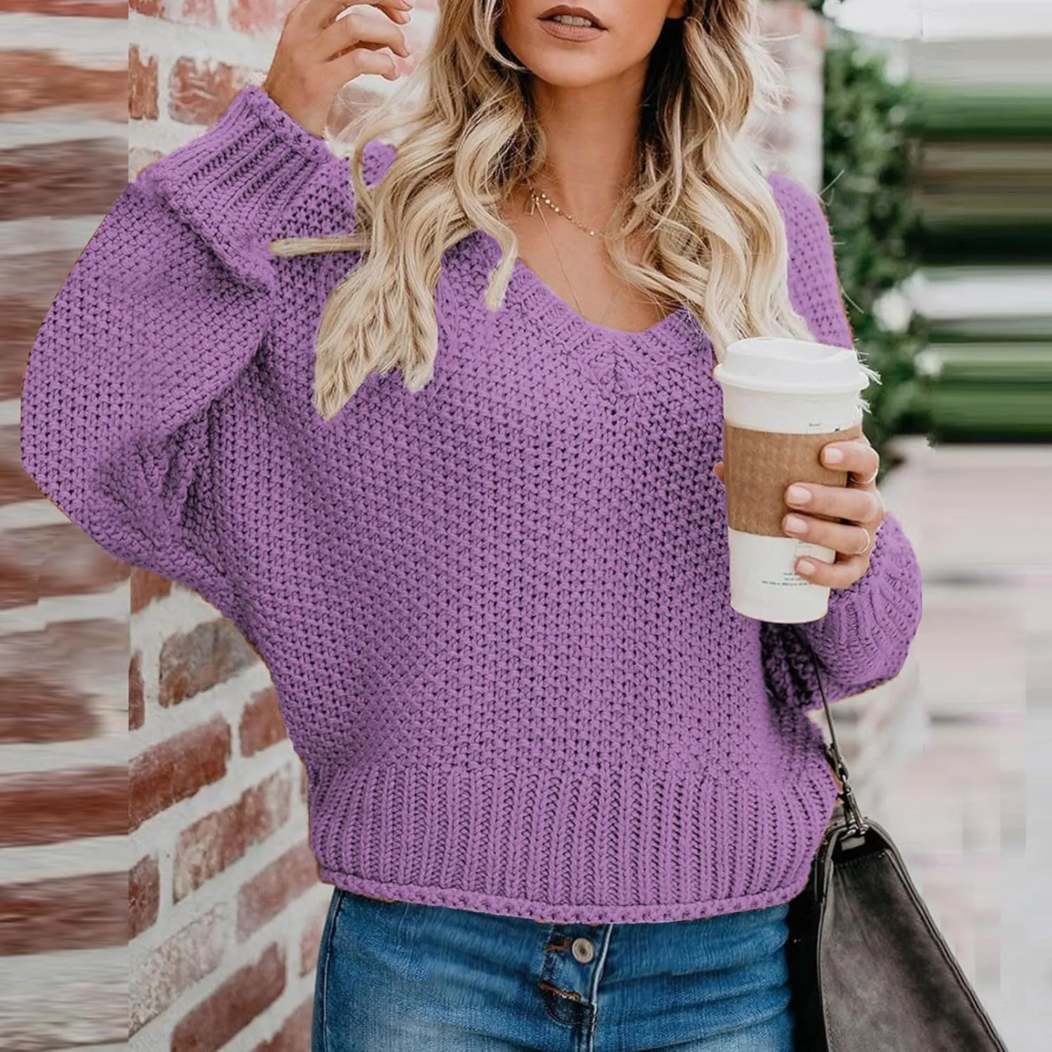 Women's Long Sleeve V Neck Sweaters Chunky Cable Knit Pullover Fashion Crochet Hollow Out Knitwear Solid Cozy Tops