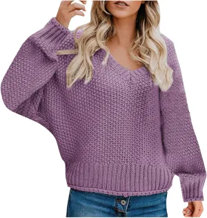 Women's Long Sleeve V Neck Sweaters Chunky Cable Knit Pullover Fashion Crochet Hollow Out Knitwear Solid Cozy Tops