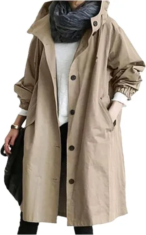 Women's Long Trench Coat Single Breasted Hooded Jacket Plus Size Waterproof Outdoor Windbreaker Outerwear