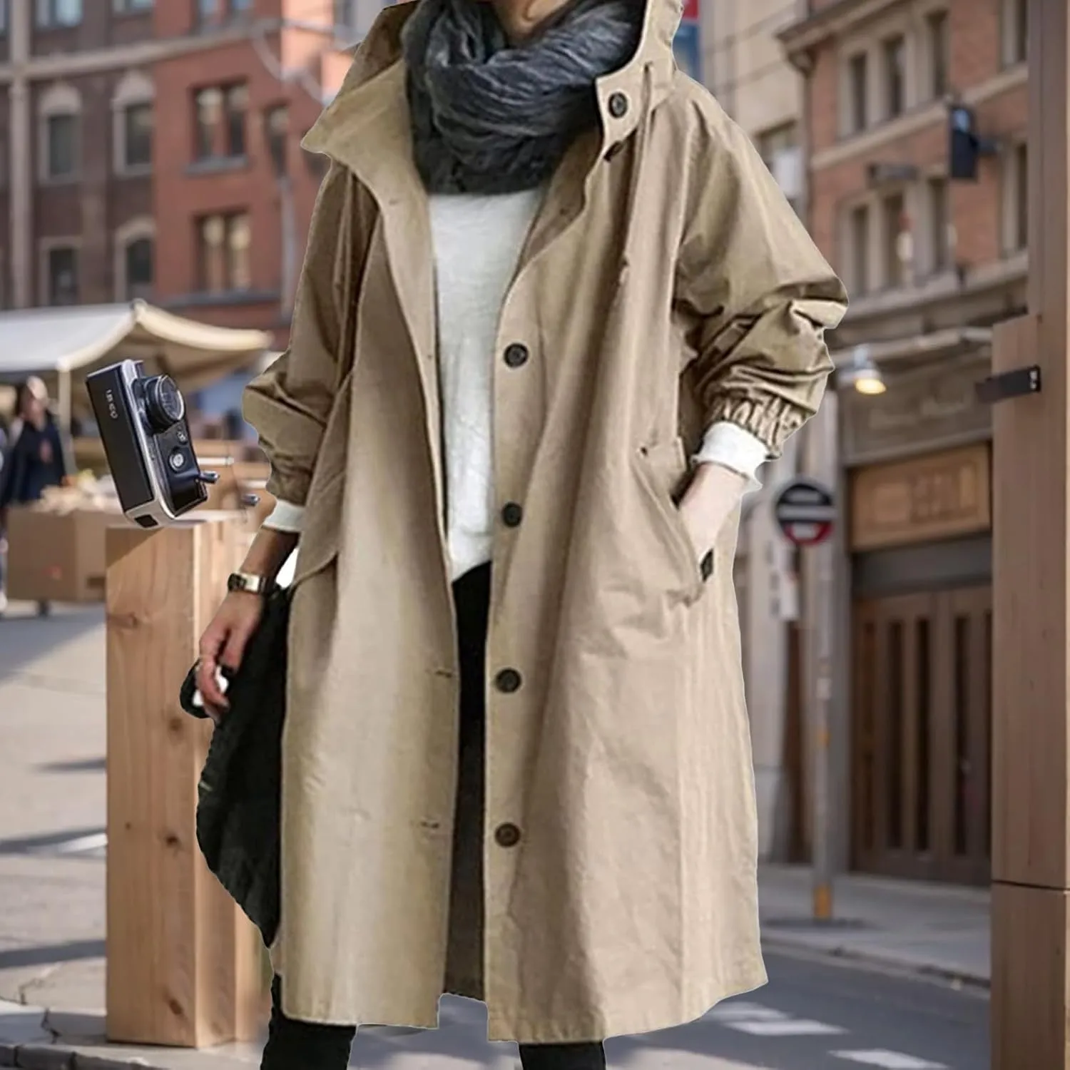 Women's Long Trench Coat Single Breasted Hooded Jacket Plus Size Waterproof Outdoor Windbreaker Outerwear