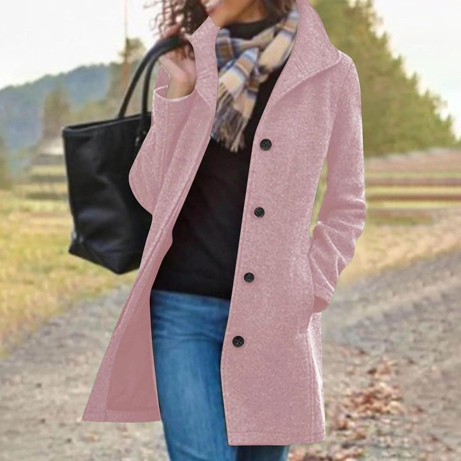 Womens Mid-Long Trench Coats Winter Wool Lapel Single-Breasted Coat Outwear Ladies Elegant Thicken Peacoat Overcoats