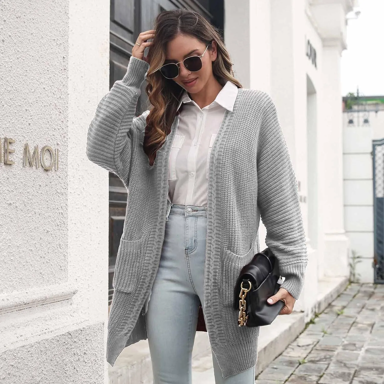 Women's Open Front Chunky Knit Sweater Casual Soft Knitwear Oversized Long Sleeve Cardigan Outwear with Pockets