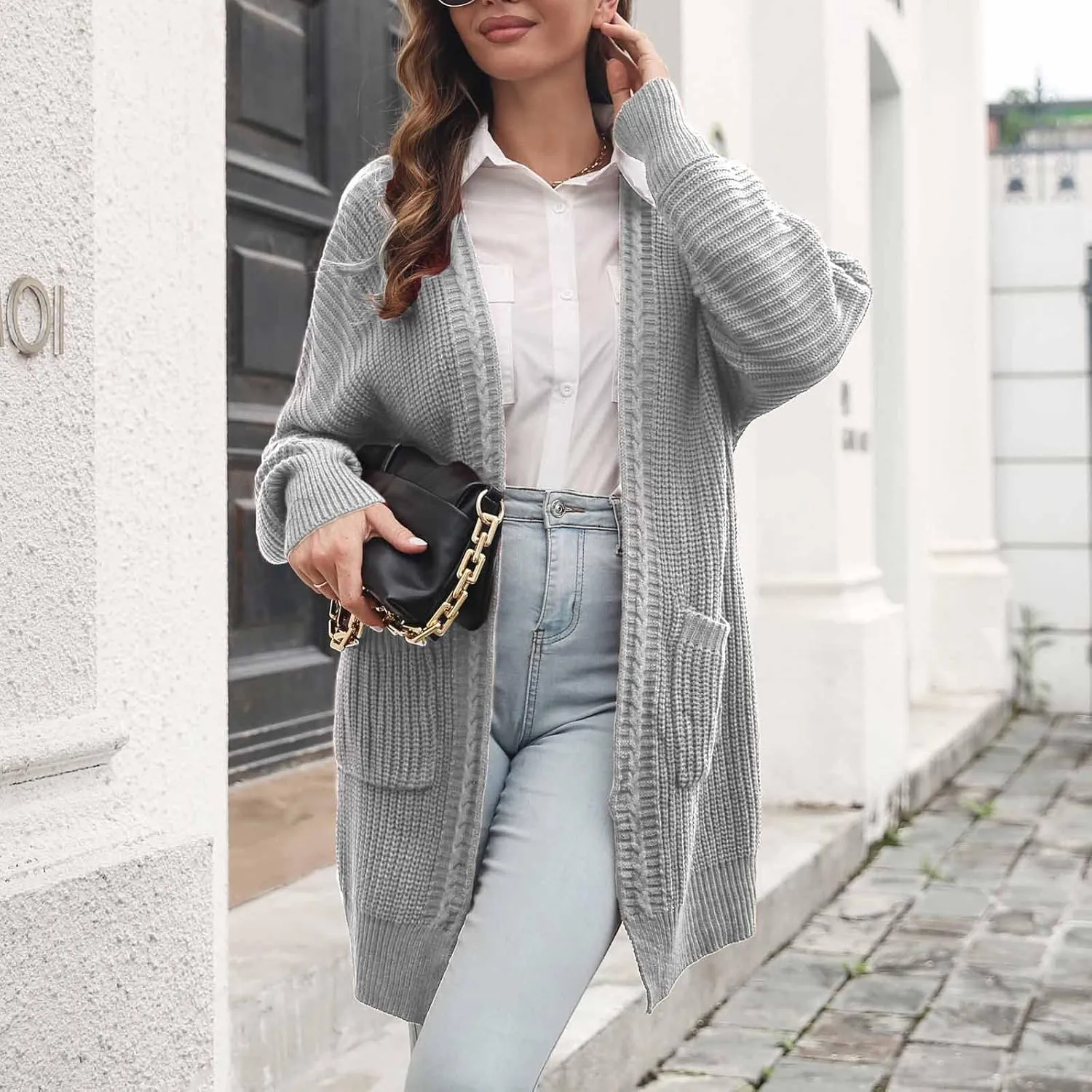 Women's Open Front Chunky Knit Sweater Casual Soft Knitwear Oversized Long Sleeve Cardigan Outwear with Pockets