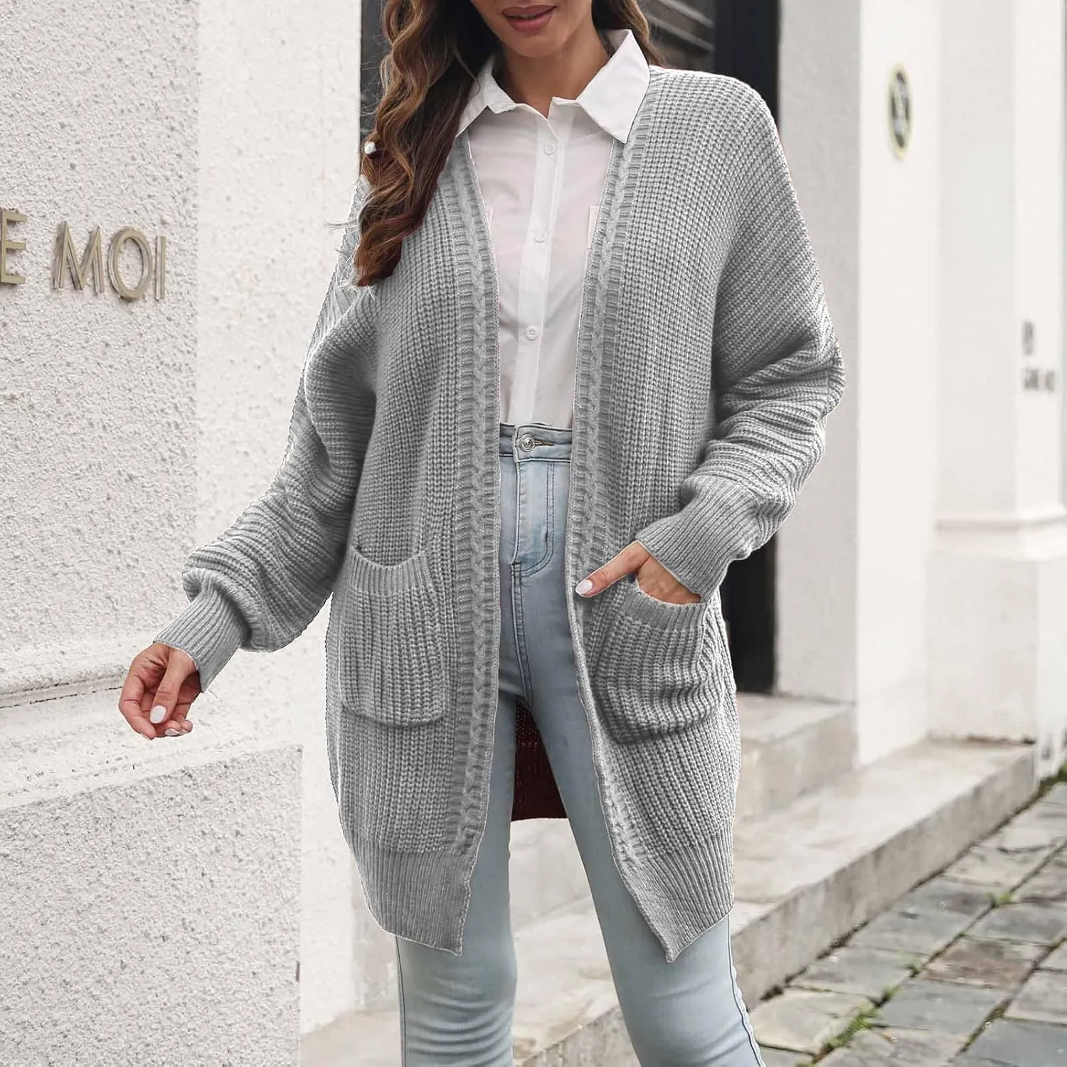 Women's Open Front Chunky Knit Sweater Casual Soft Knitwear Oversized Long Sleeve Cardigan Outwear with Pockets
