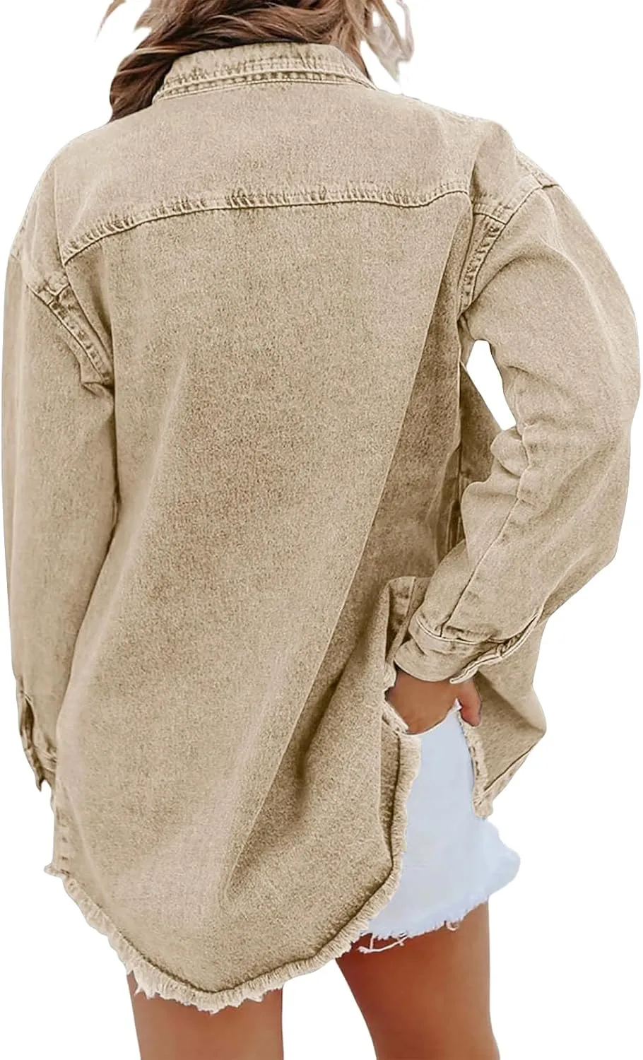 Women's Oversized Denim Jacket Button Down Casual Long Frayed Hem Shacket Coats Long Sleeve Boyfriend Jean Jackets