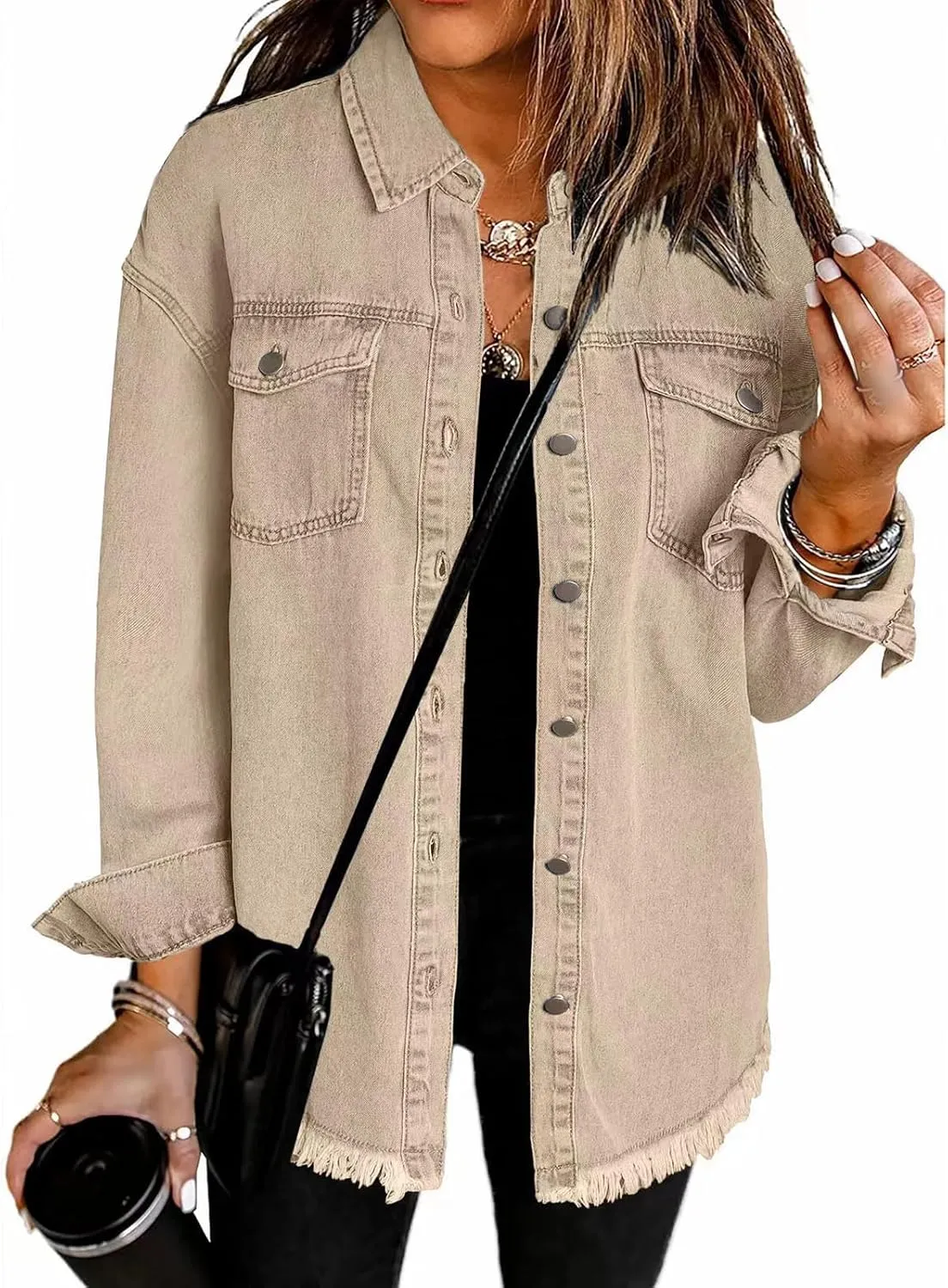 Women's Oversized Denim Jacket Button Down Casual Long Frayed Hem Shacket Coats Long Sleeve Boyfriend Jean Jackets