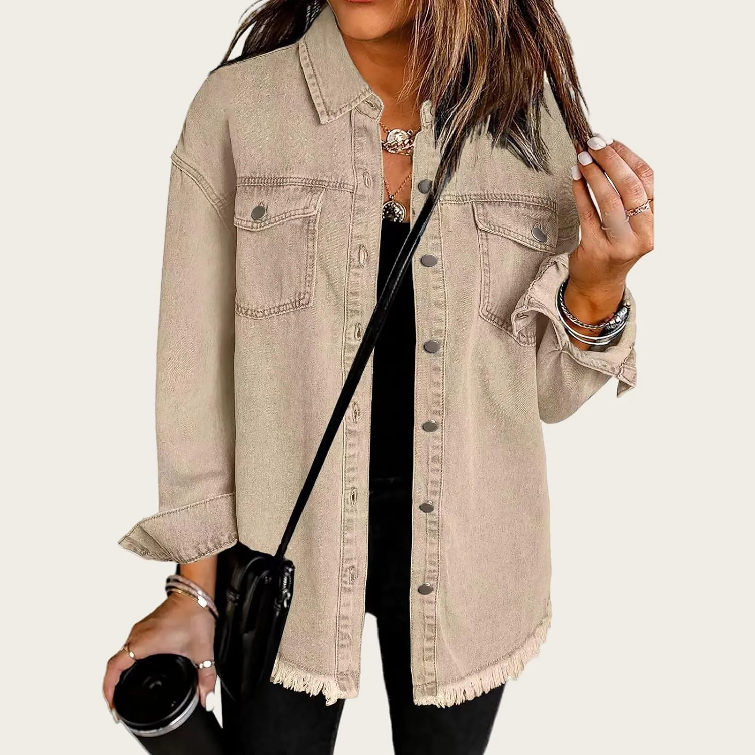 Women's Oversized Denim Jacket Button Down Casual Long Frayed Hem Shacket Coats Long Sleeve Boyfriend Jean Jackets