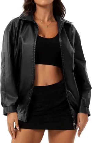 Womens Oversized Faux Leather Jackets Faux Suede Fashion Motorcycle Coats Winter Casual Lightweight Jacket