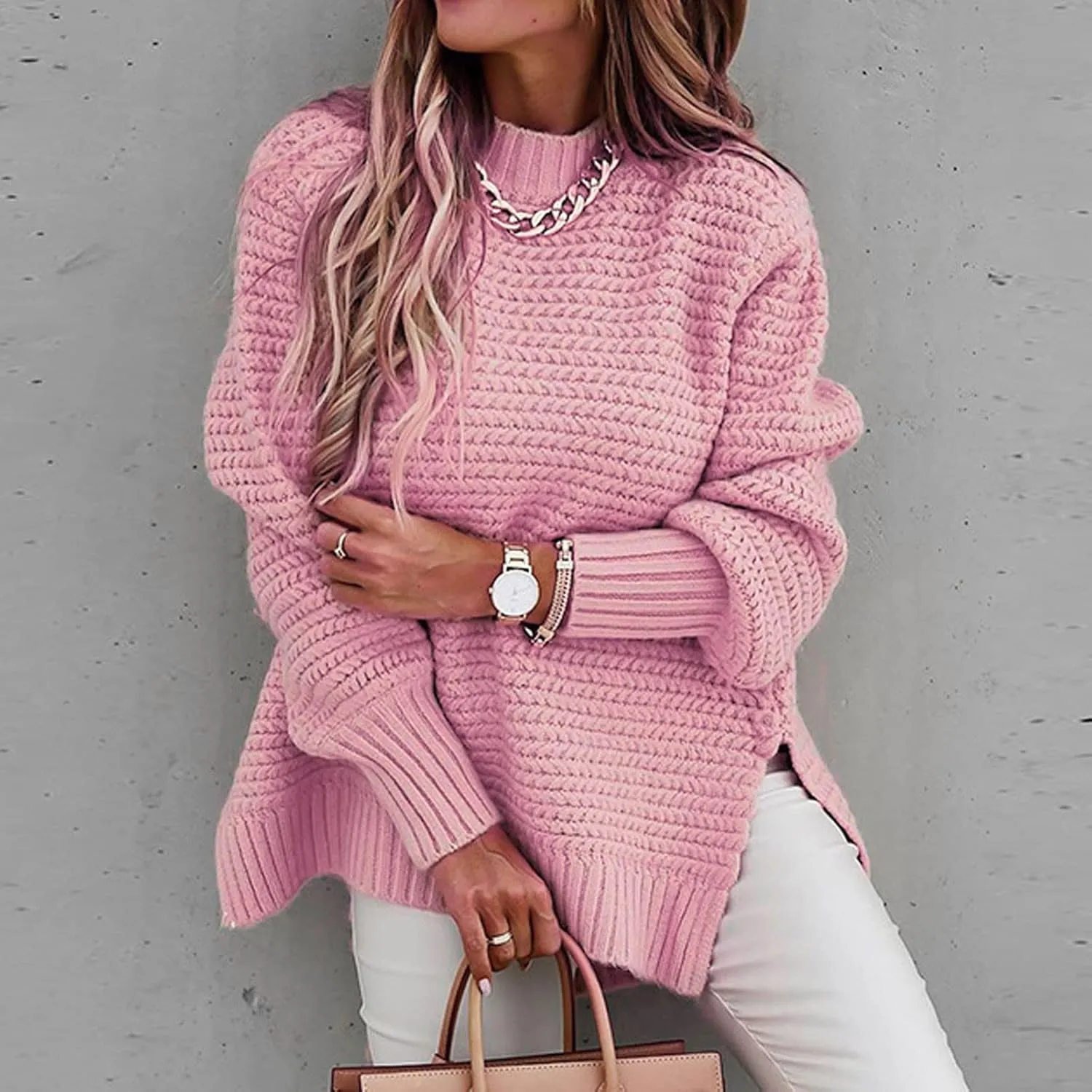 Womens Oversized Sweater Long Sleeve Spilt Hem Pullover Sweaters Cable Knit Chunky Jumper Tops Cozy Soft Knitwear