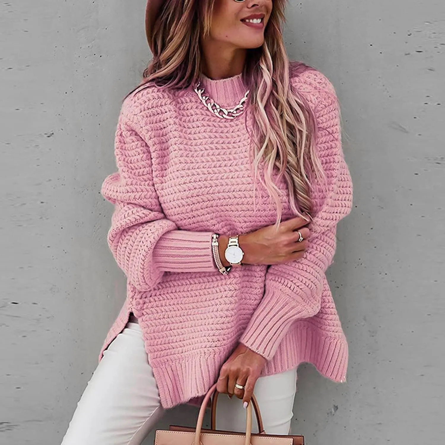 Womens Oversized Sweater Long Sleeve Spilt Hem Pullover Sweaters Cable Knit Chunky Jumper Tops Cozy Soft Knitwear