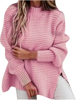 Womens Oversized Sweater Long Sleeve Spilt Hem Pullover Sweaters Cable Knit Chunky Jumper Tops Cozy Soft Knitwear